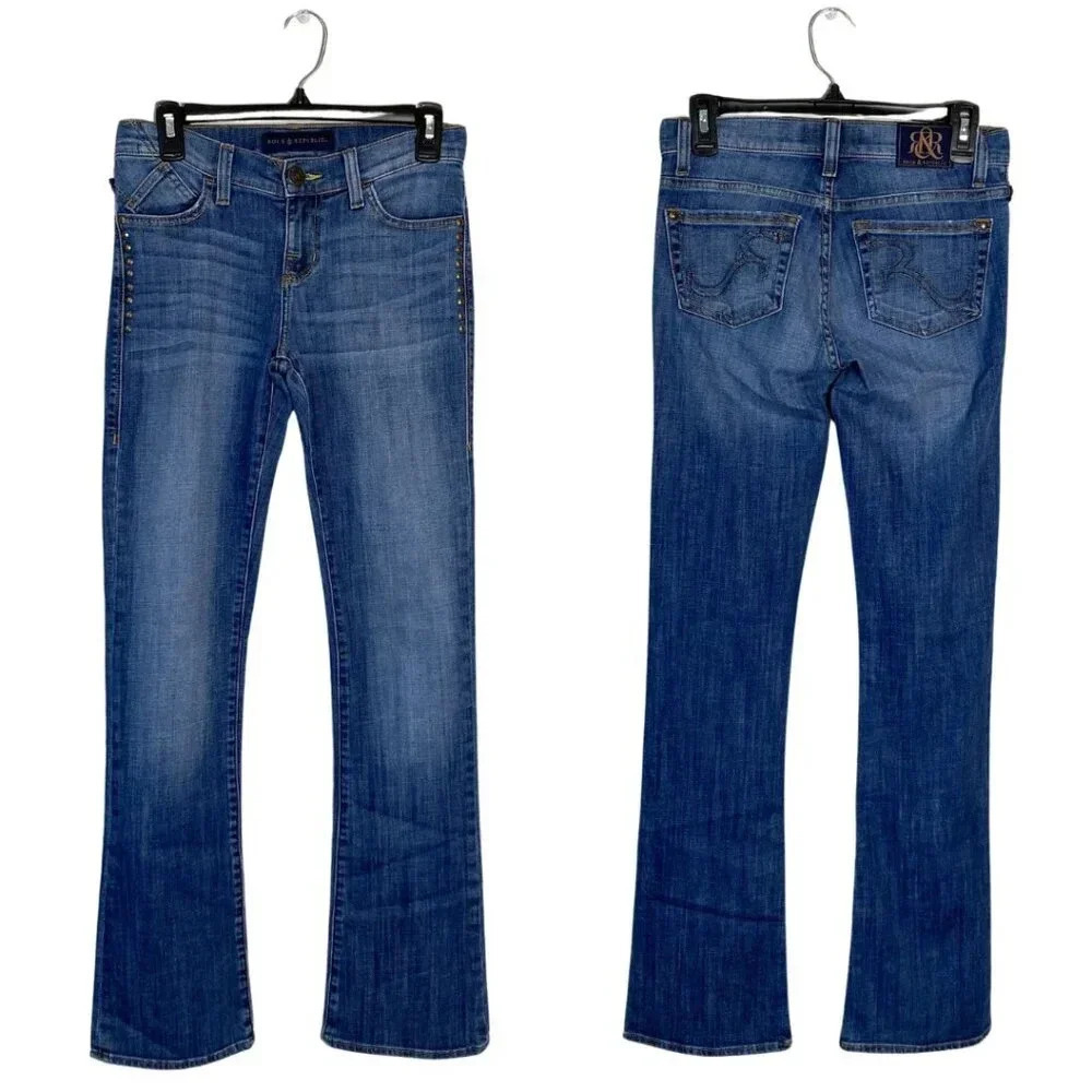 Rock & Republic Kasandra Studded Bootcut Denim Blue Jeans Womens Size 4 Low Rise